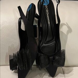 BCBGeneration Deela Black Kitten Heels with Mesh Bow